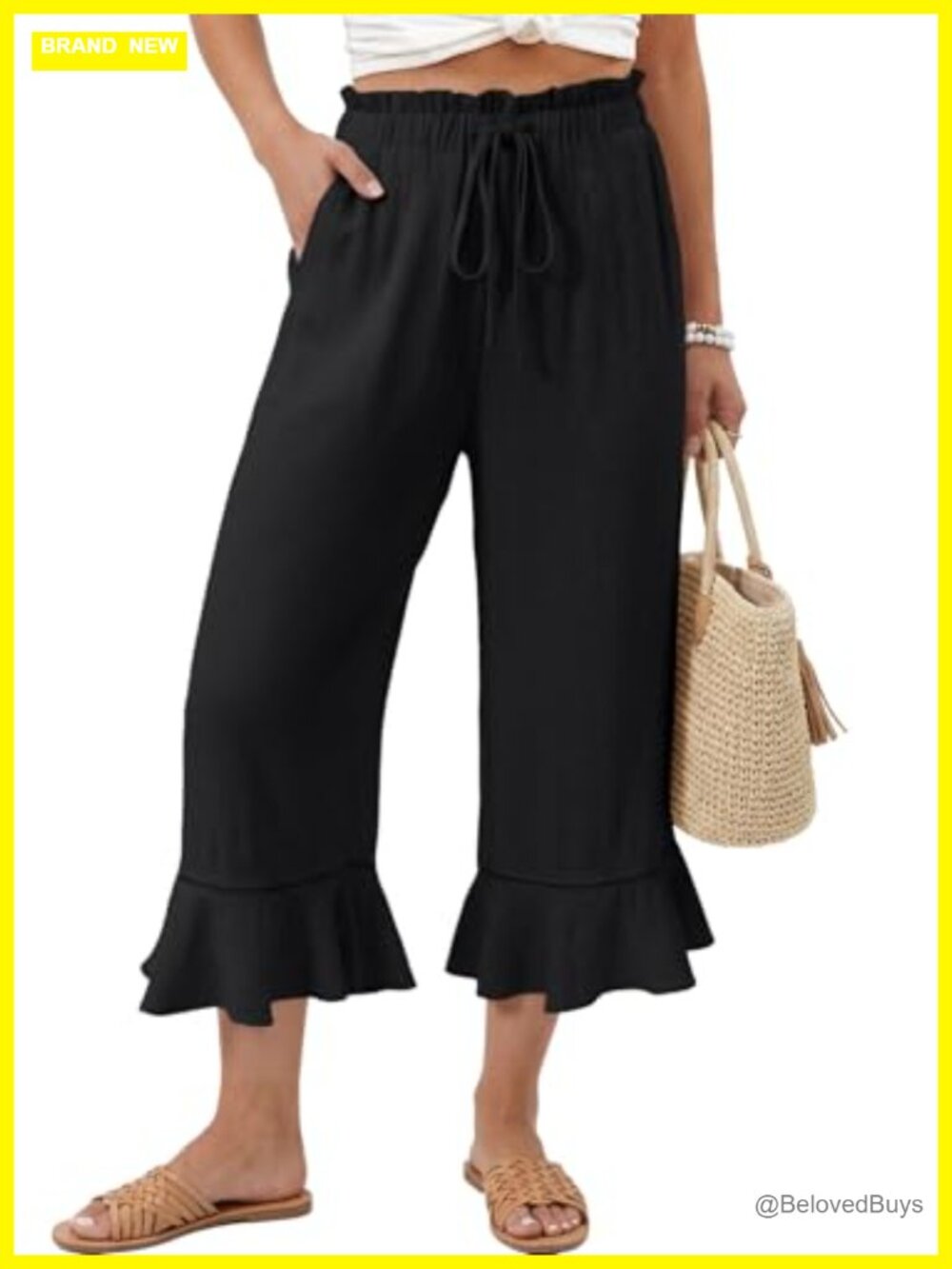 Linen Blend Wide Leg Ruffle Hem Capri Pants with Pockets